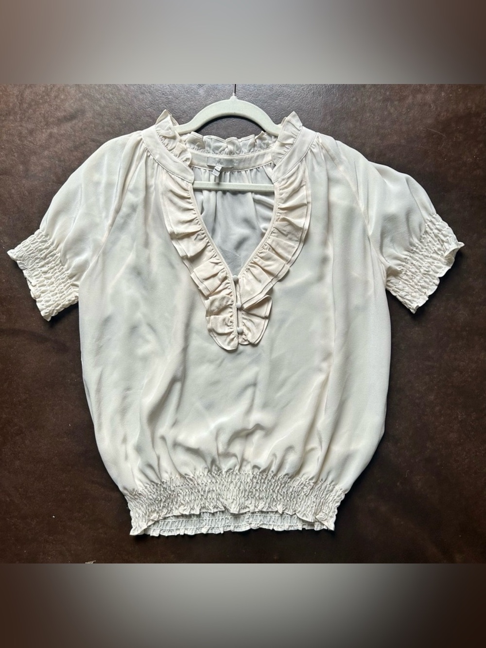 Joie - silk blouse, medium- Ivory Ruffle V-Neck Smocked Blouse